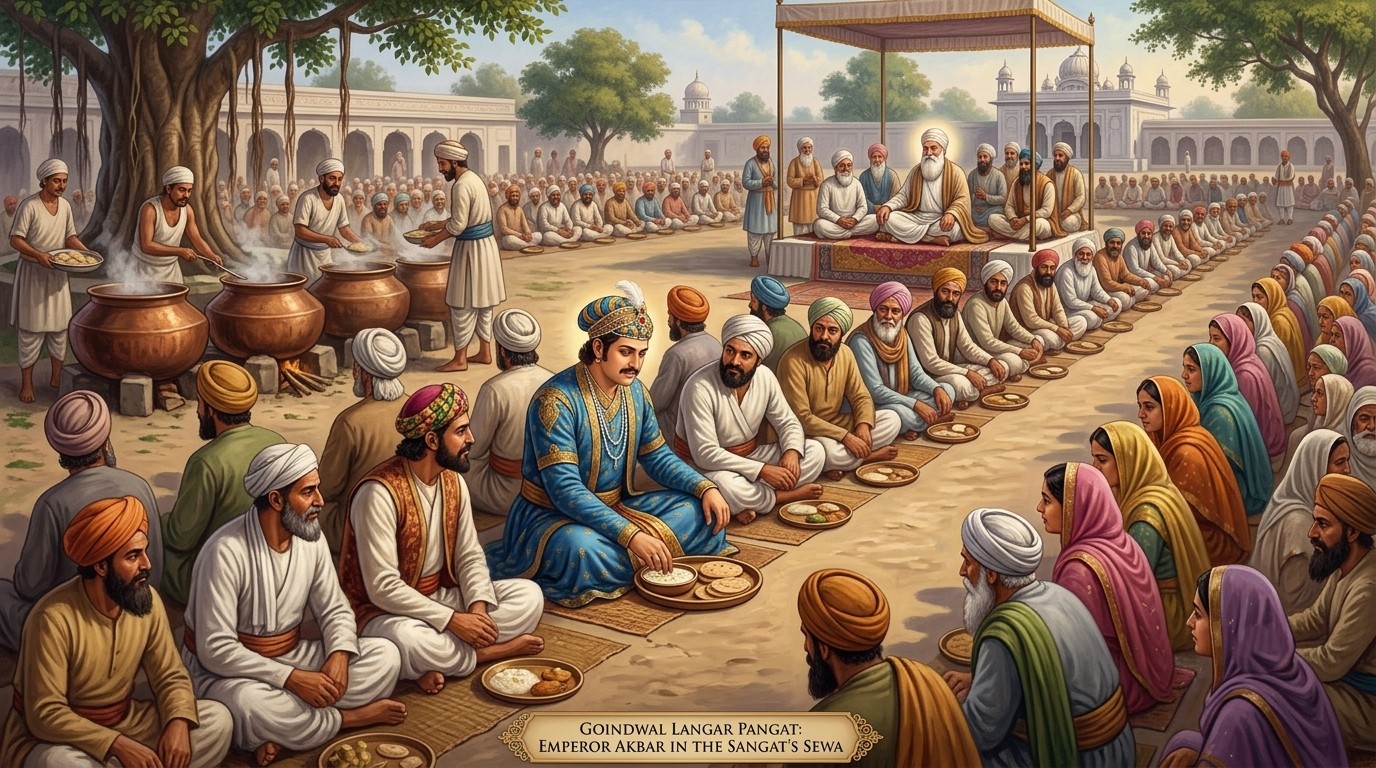 Emperor Akbar sat on the floor and eat in the Langar